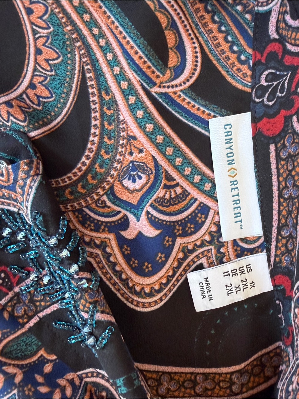 Canon Black Paisley Button-Down Shirt with Red and Tan Accents - Picture 9 of 11